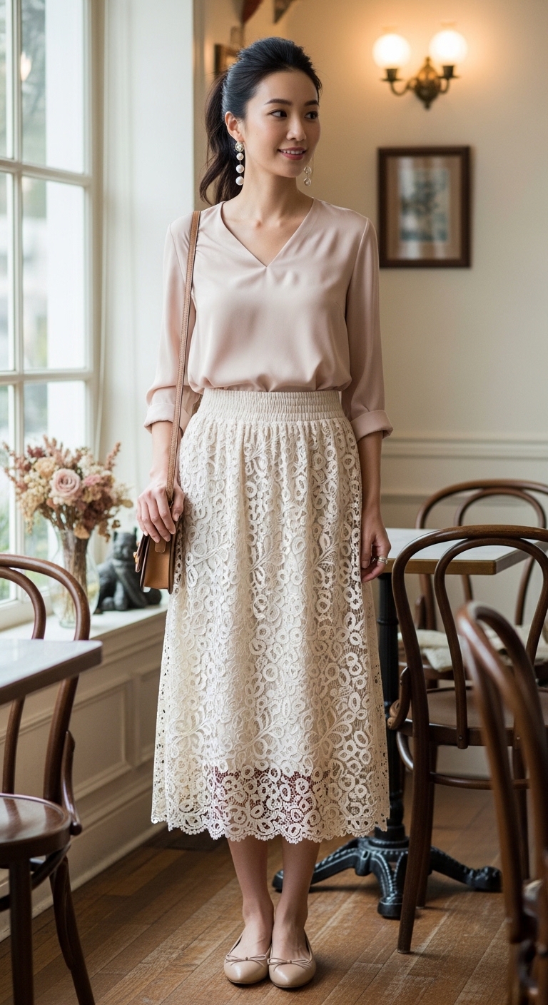 11 Easter Outfit Women That Look Stunning Cream Lace Midi Skirt