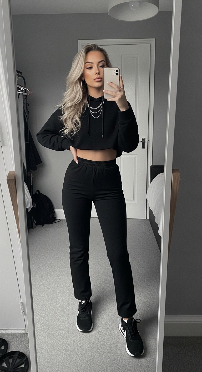 all black joggers with black crop hoodie