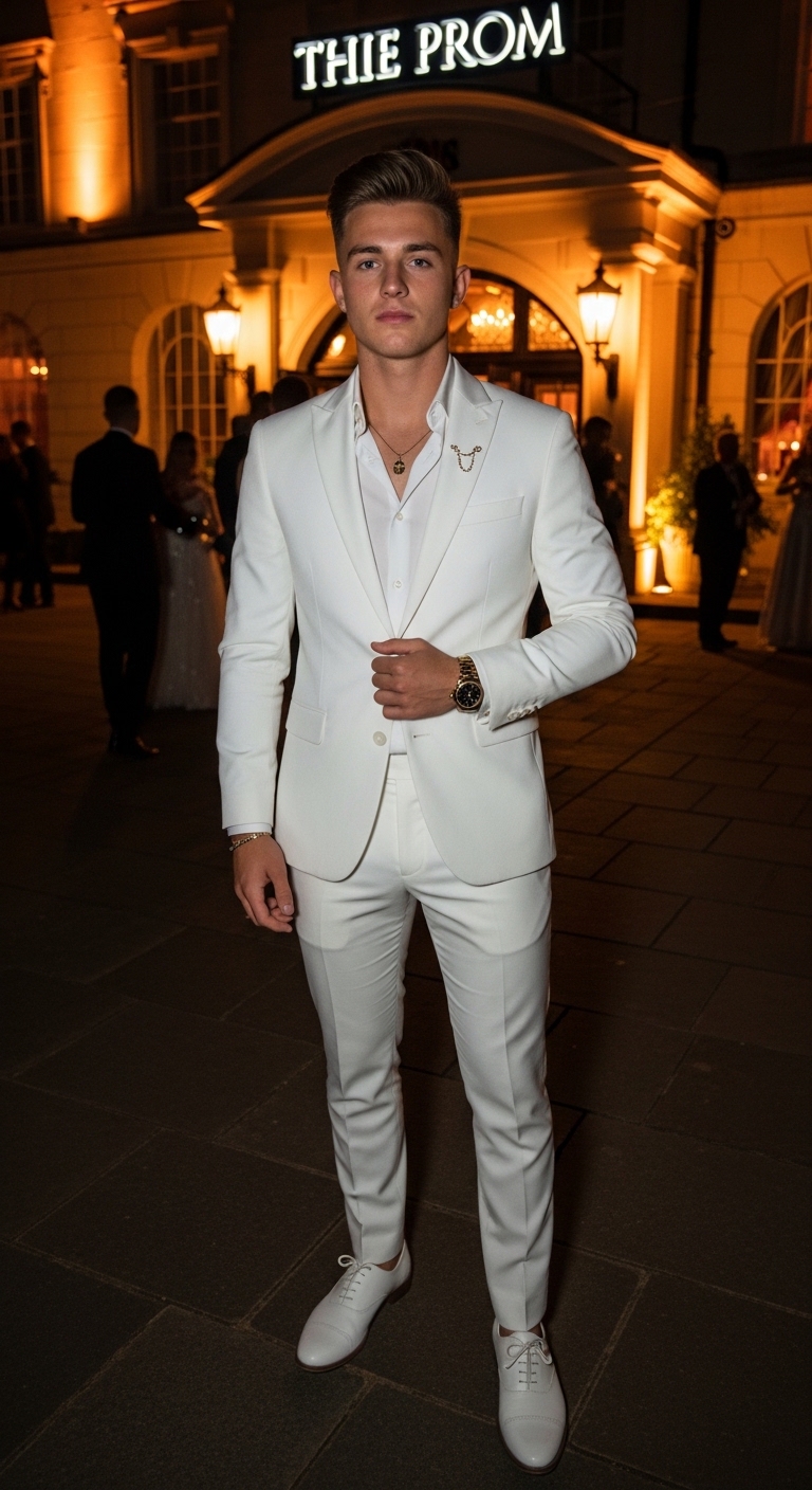 all white suit white dress shirt gold accessories