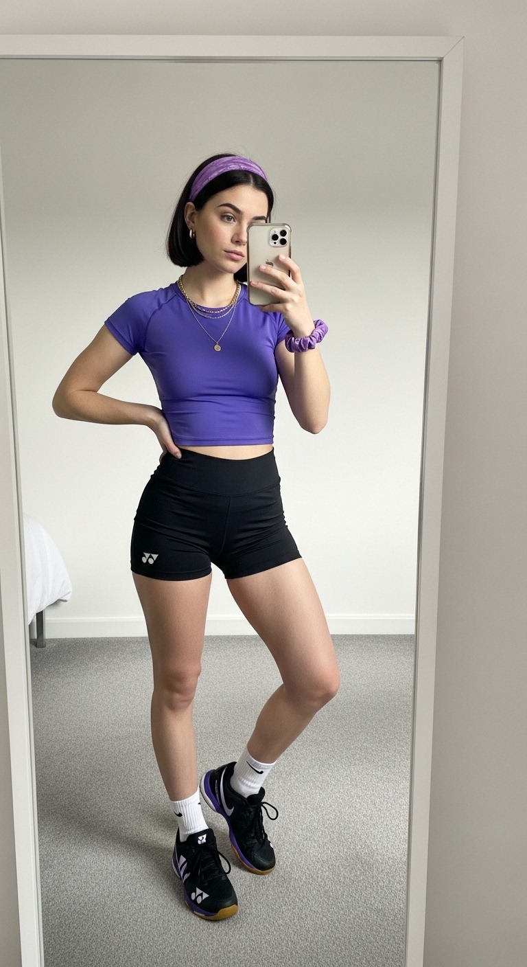 black badminton shorts with bright purple crop top