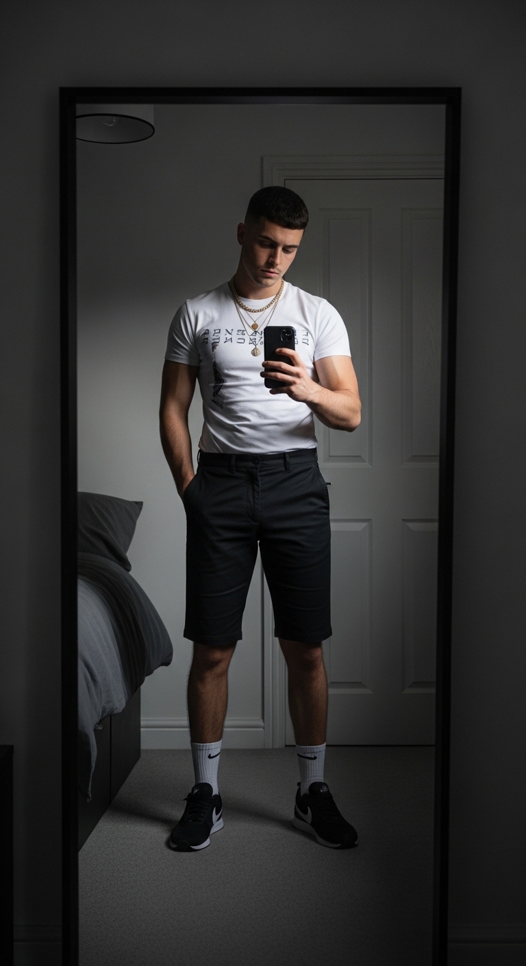 black chino shorts with white graphic tee