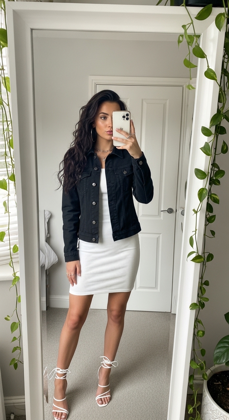 black denim jacket over white off shoulder summer dress