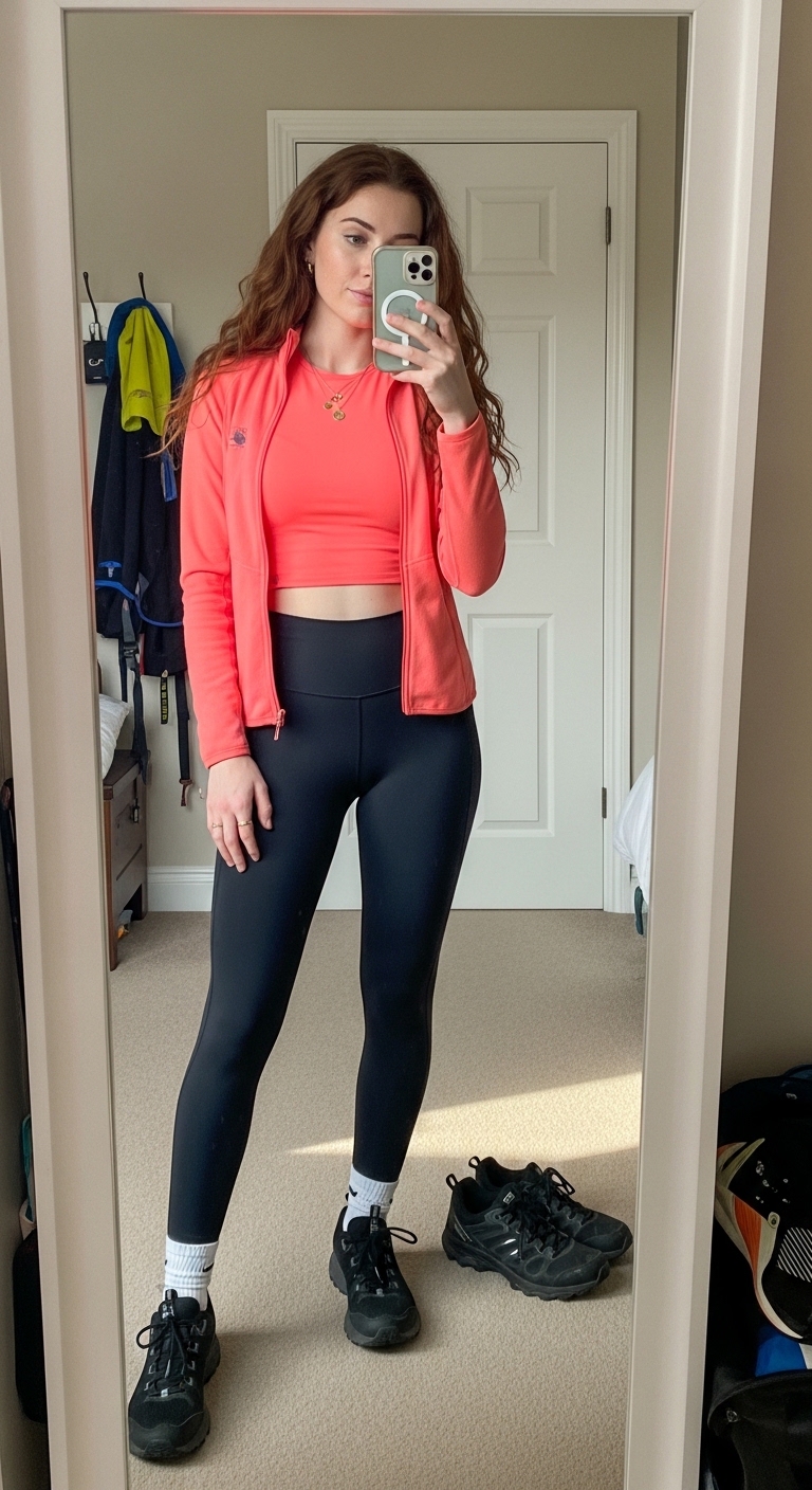 black hiking leggings with coral pink fleece