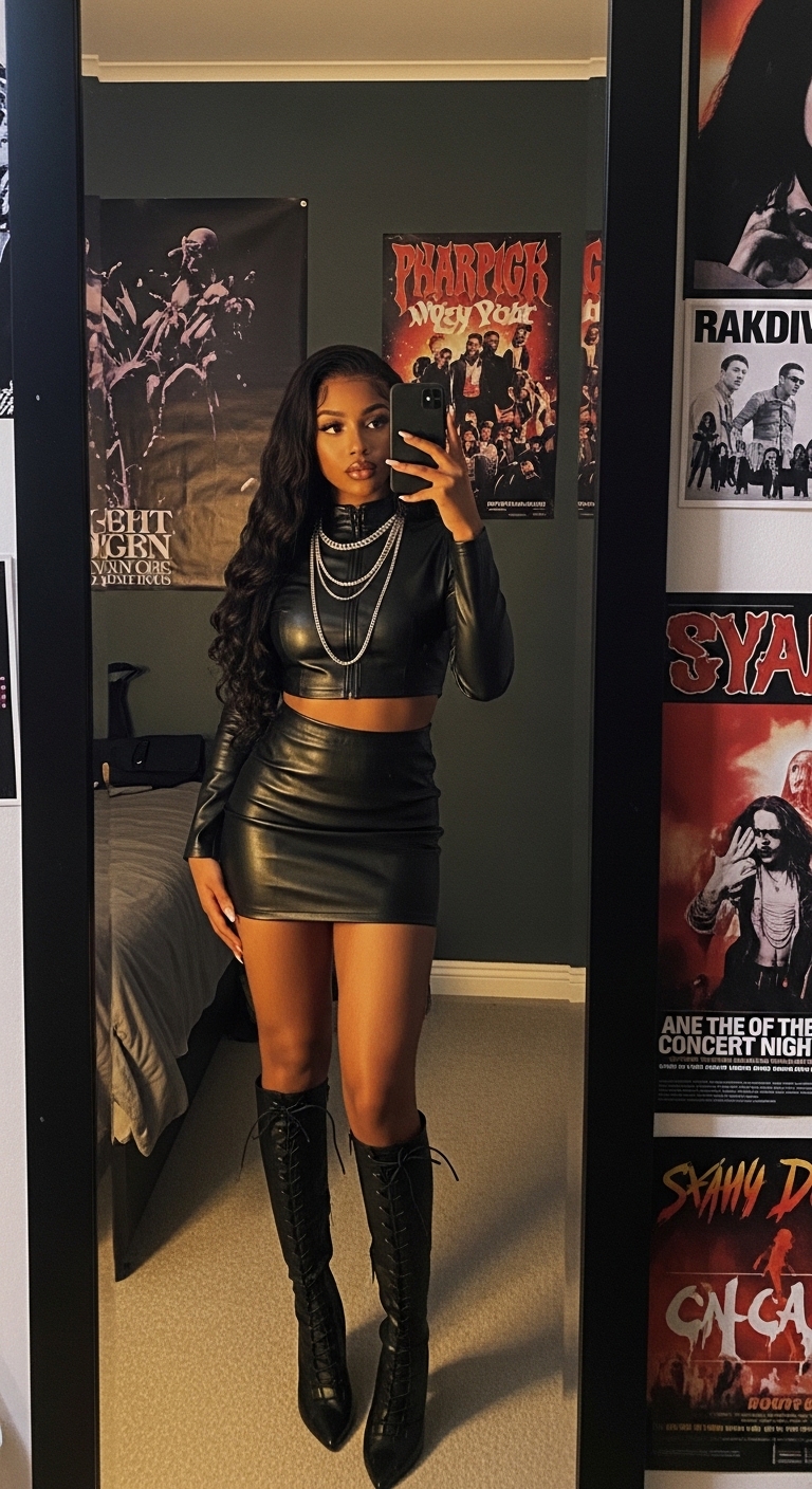 black leather look co ord crop top and mini skirt