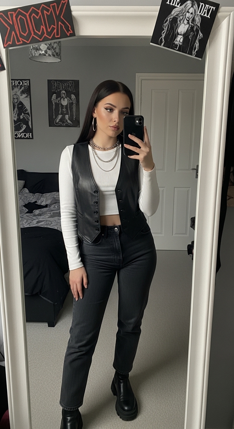 black leather waistcoat over white crop top with dark jeans