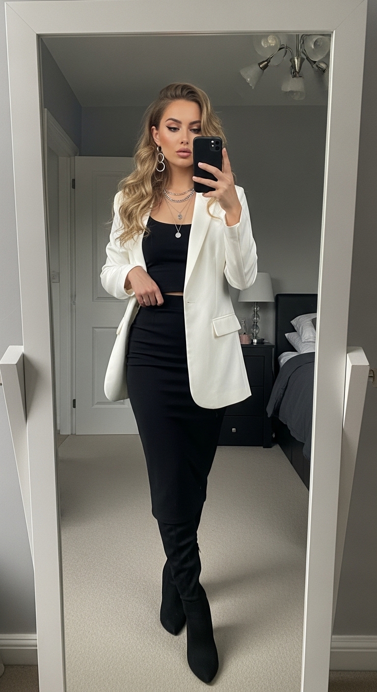 black midi skirt with white oversized blazer and over the knee boots