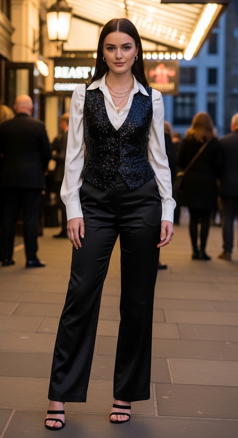 black sequin waistcoat over white satin blouse for theatre