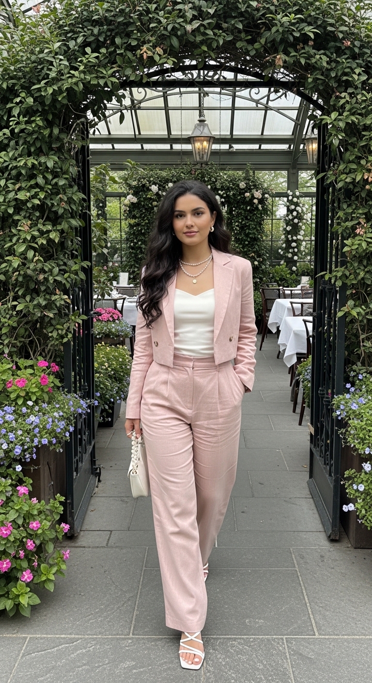 blush pink linen blazer and wide leg trouser set