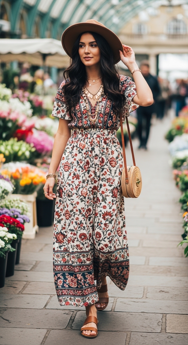 boho floral maxi dress with wide brim hat
