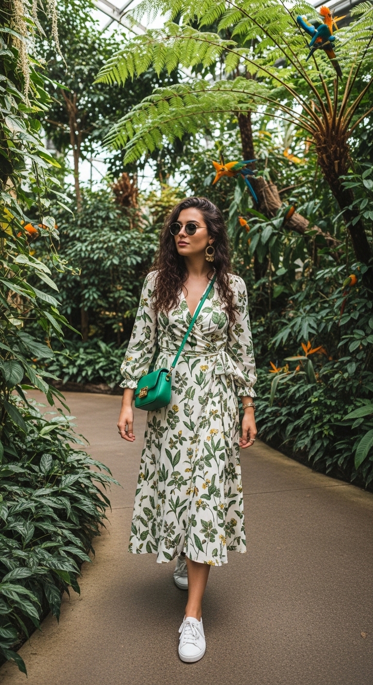 botanical print wrap midi dress in rainforest exhibit