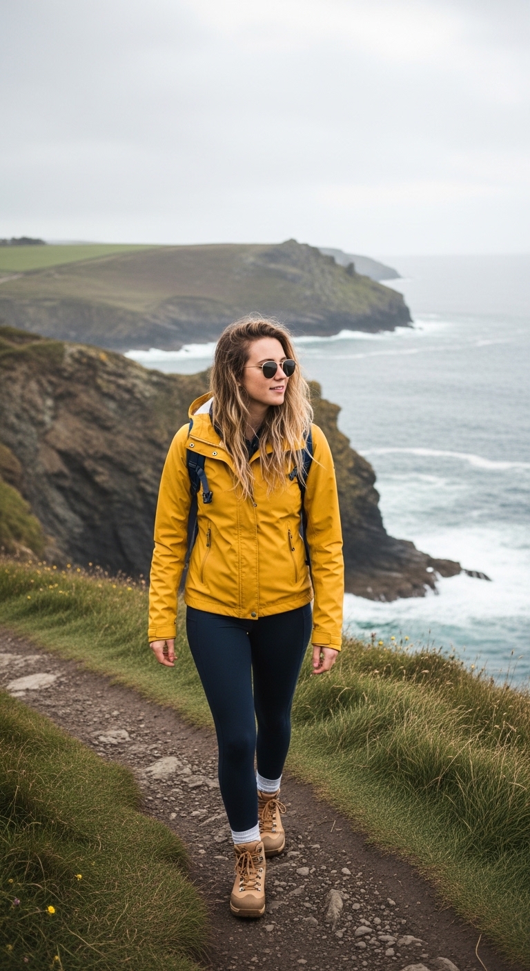bright yellow rainproof hiking jacket with navy leggings