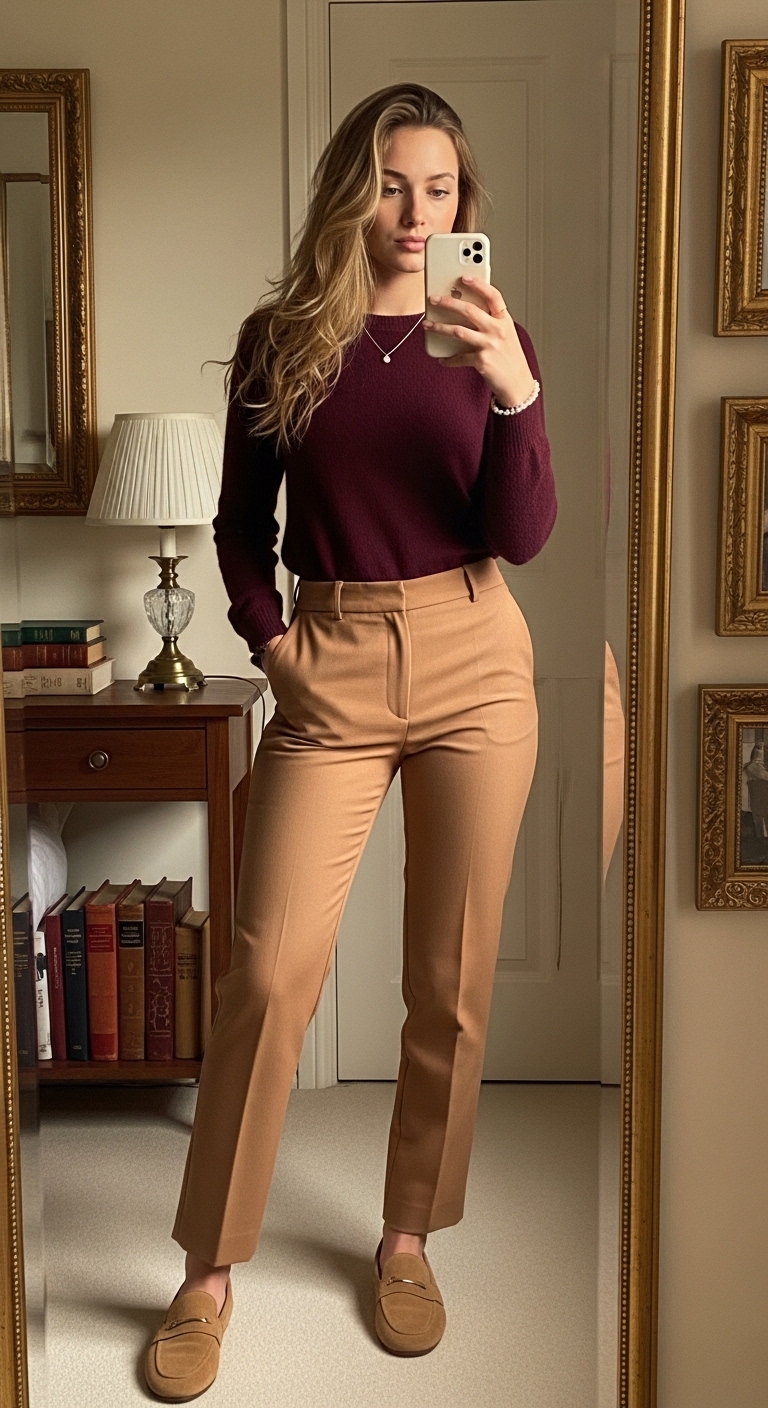 burgundy cashmere jumper with camel tailored trousers