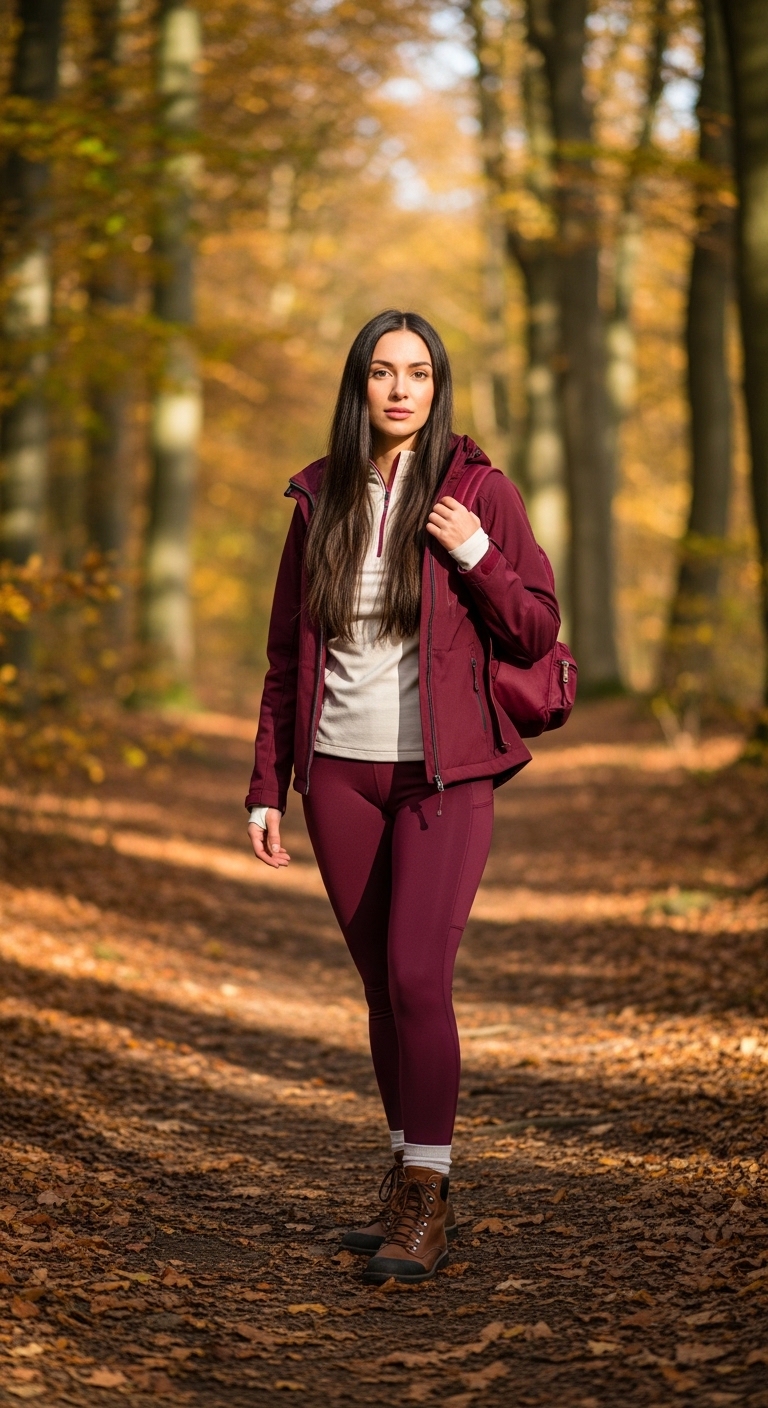 burgundy trekking leggings with cream base layer and burgundy jacket