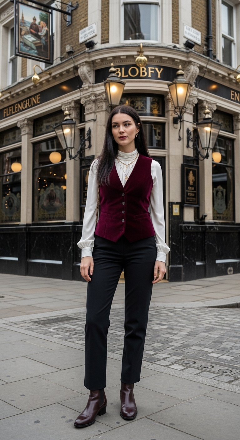 burgundy velvet waistcoat over white high neck blouse