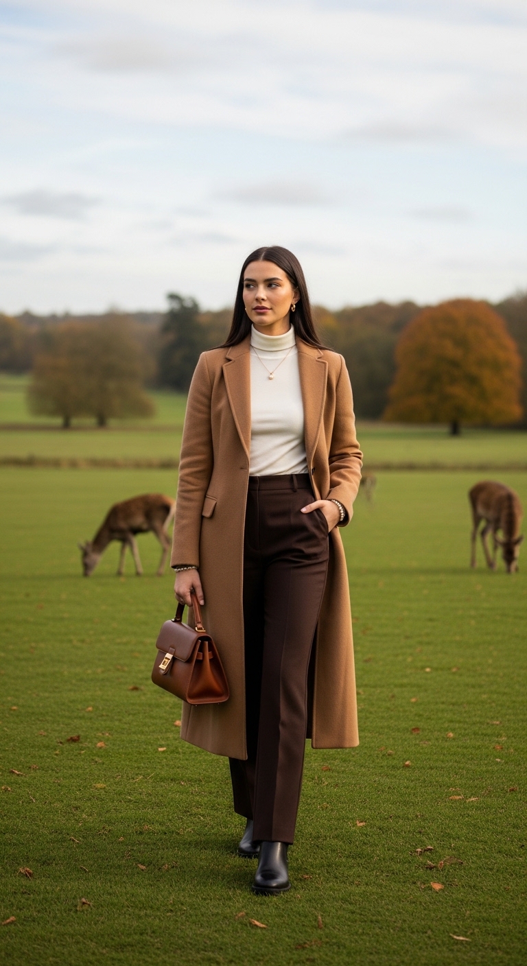camel cashmere coat over white turtleneck in country house grounds