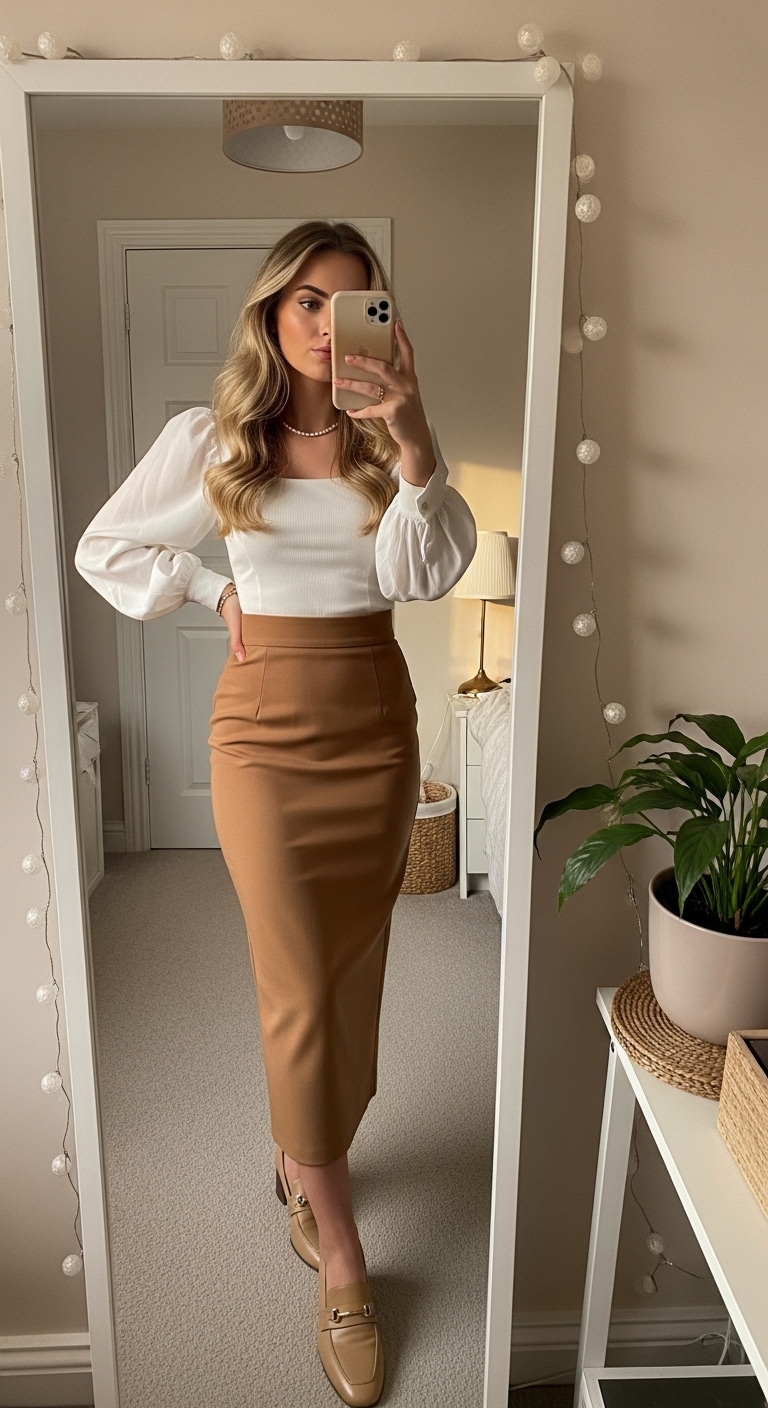 camel midi skirt with white statement sleeve blouse