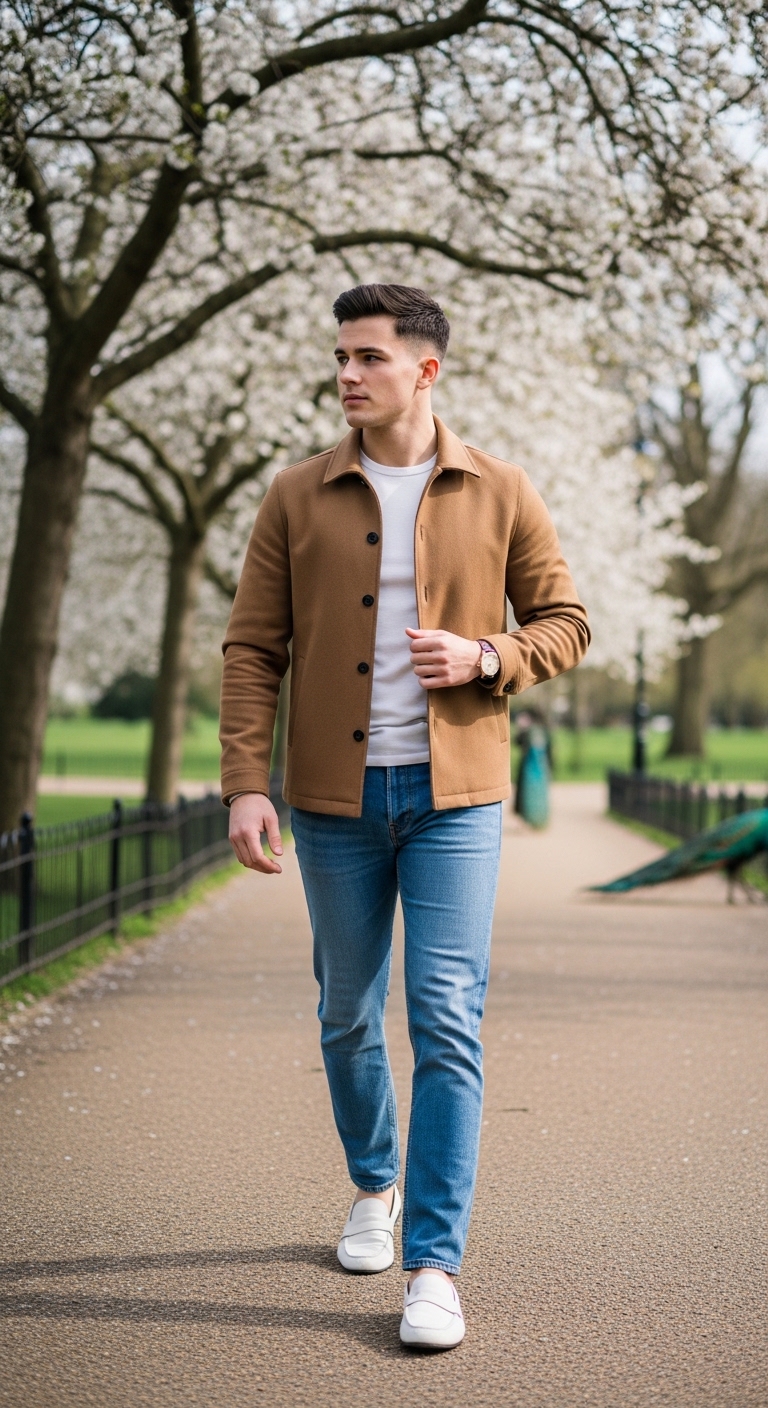 camel overshirt jacket over white tee with light blue jeans