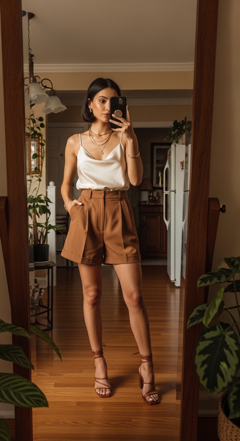 camel tailored shorts with cream silk camisole