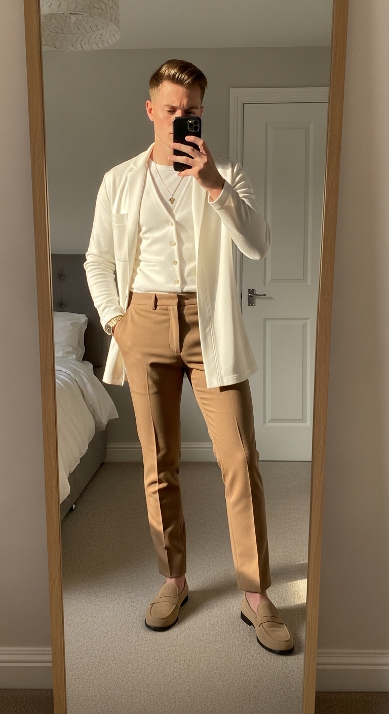 camel tailored trousers with white overshirt over white vest