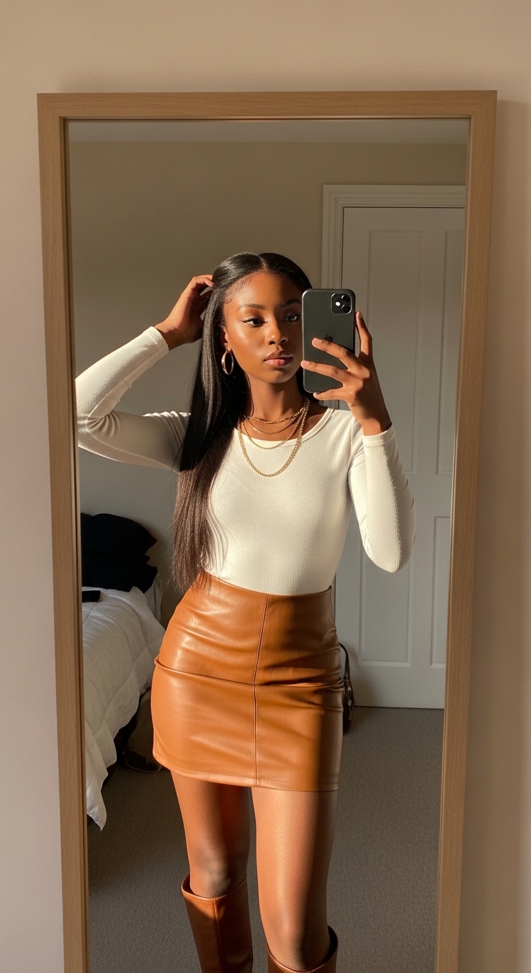 caramel brown leather mini skirt with white long sleeve top