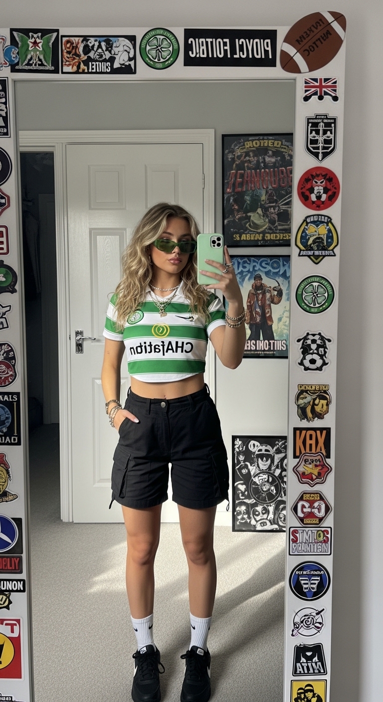 celtic fc jersey crop top with black cargo shorts