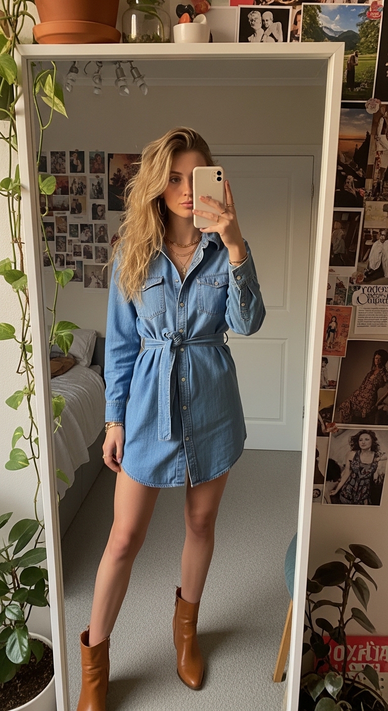 chambray denim shirt belted as mini dress with ankle boots