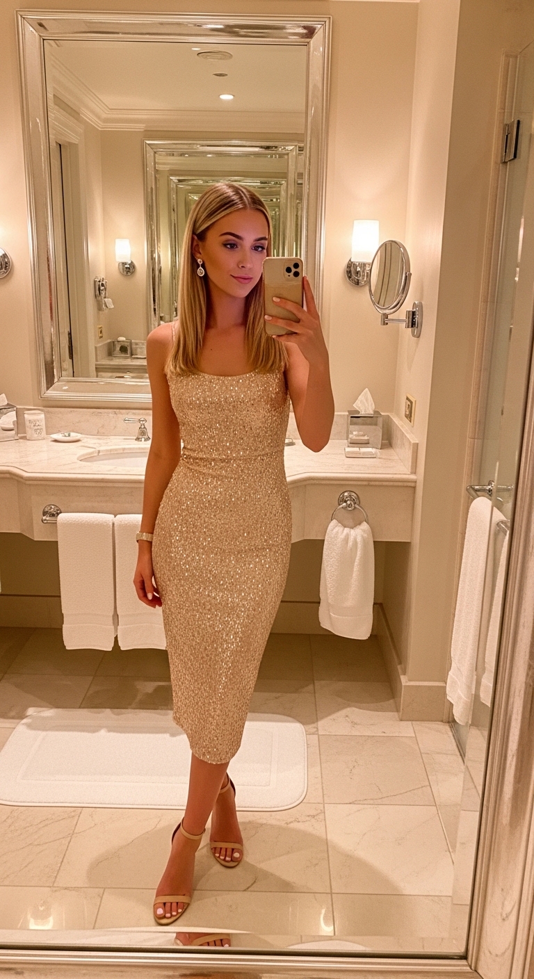 champagne gold sequin midi dress