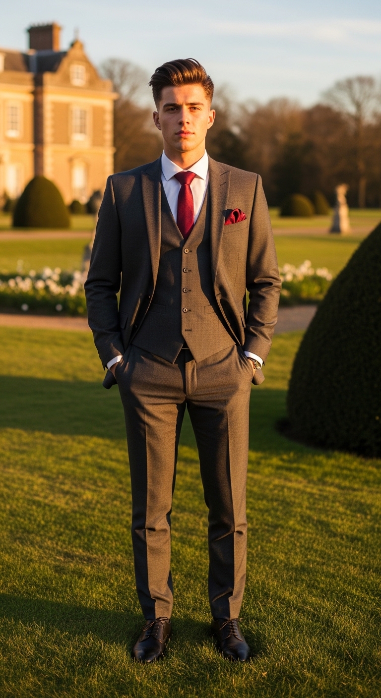 charcoal grey three piece suit white dress shirt burgundy silk tie