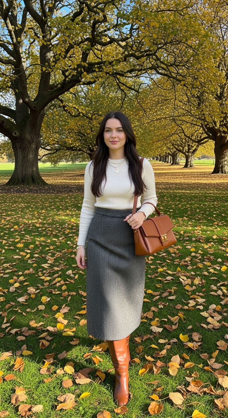 charcoal herringbone midi skirt with cream cashmere and knee high boots