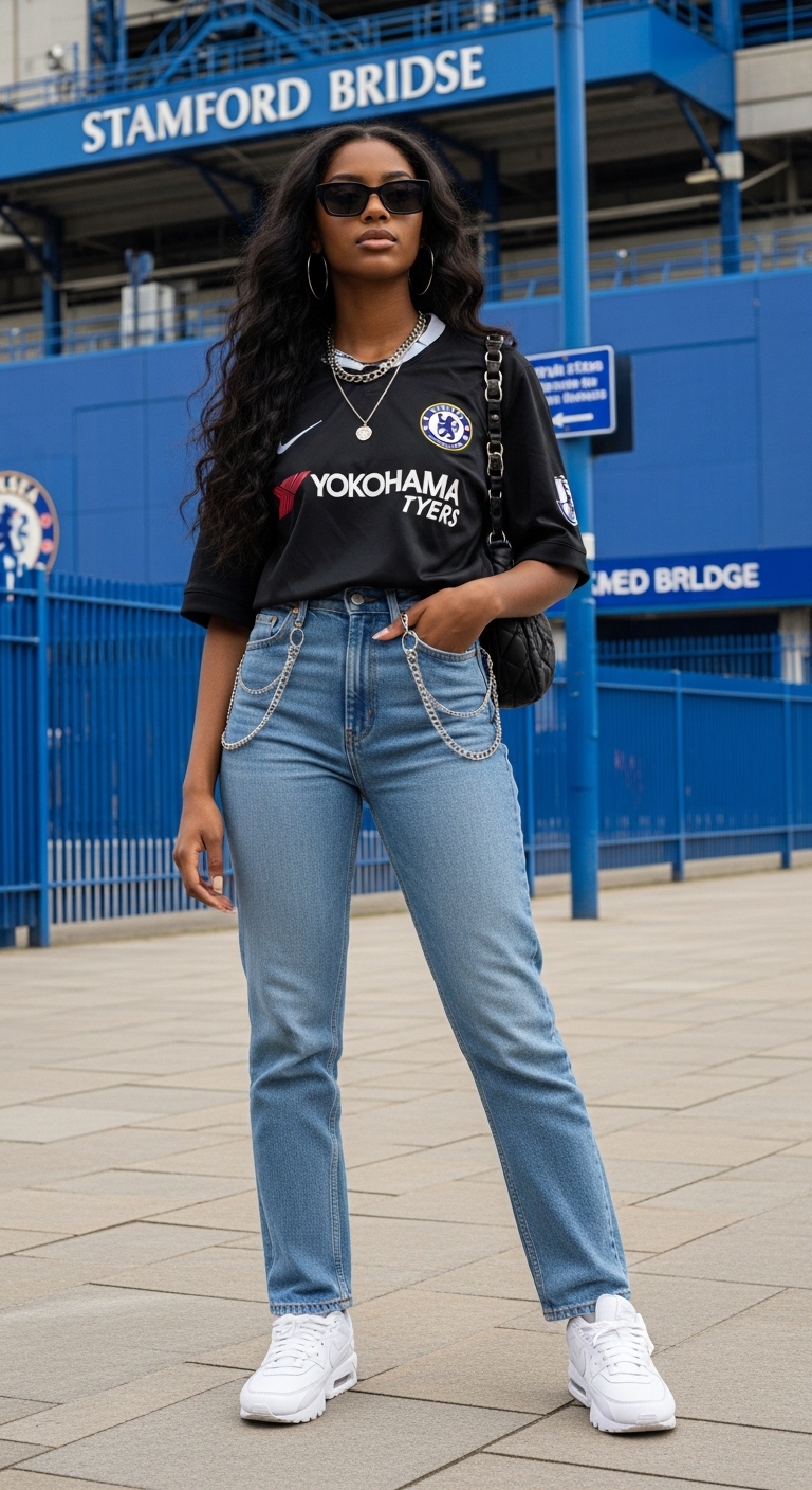 chelsea fc jersey with light blue straight leg jeans