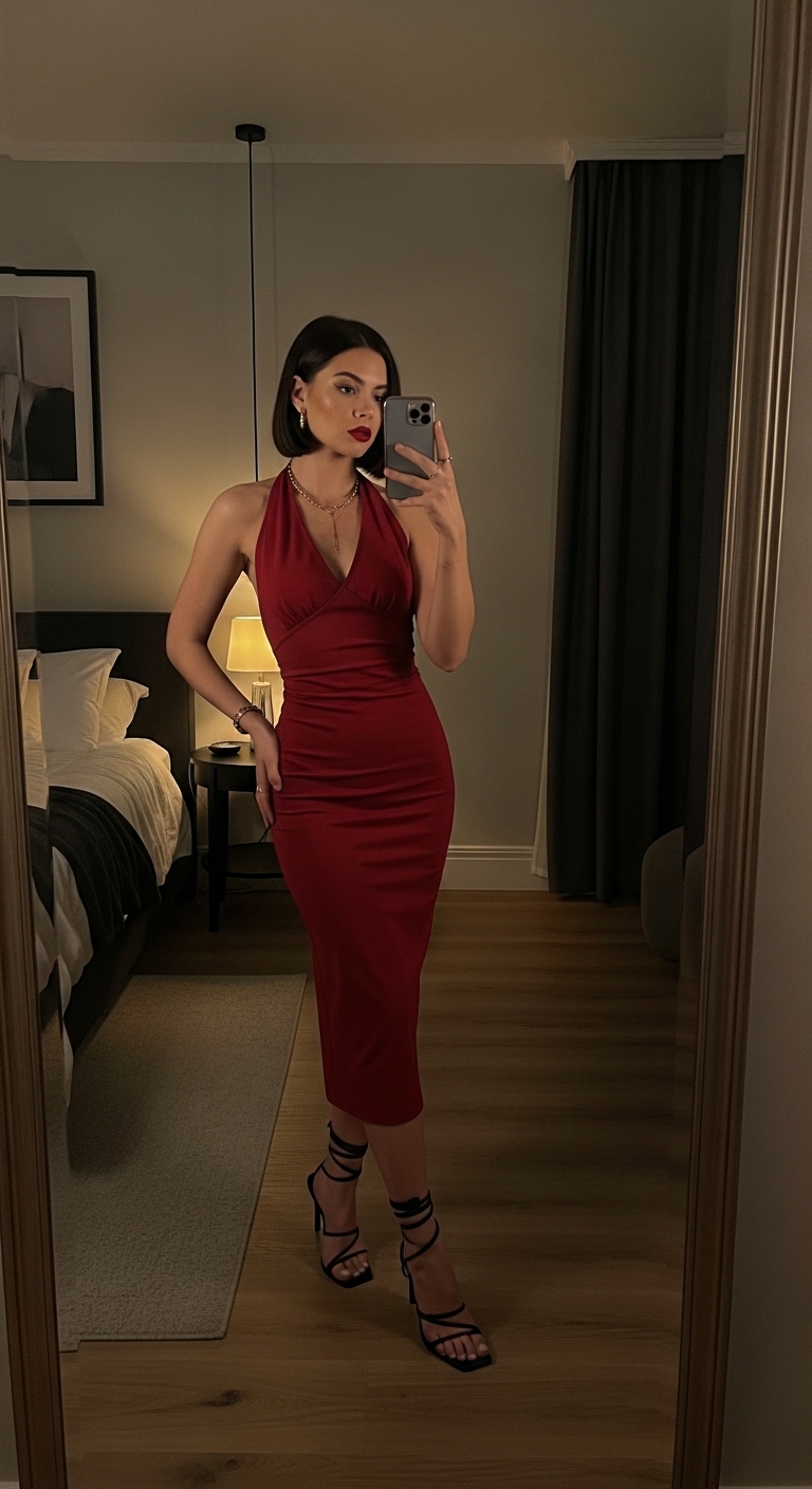 cherry red halter neck midi dress