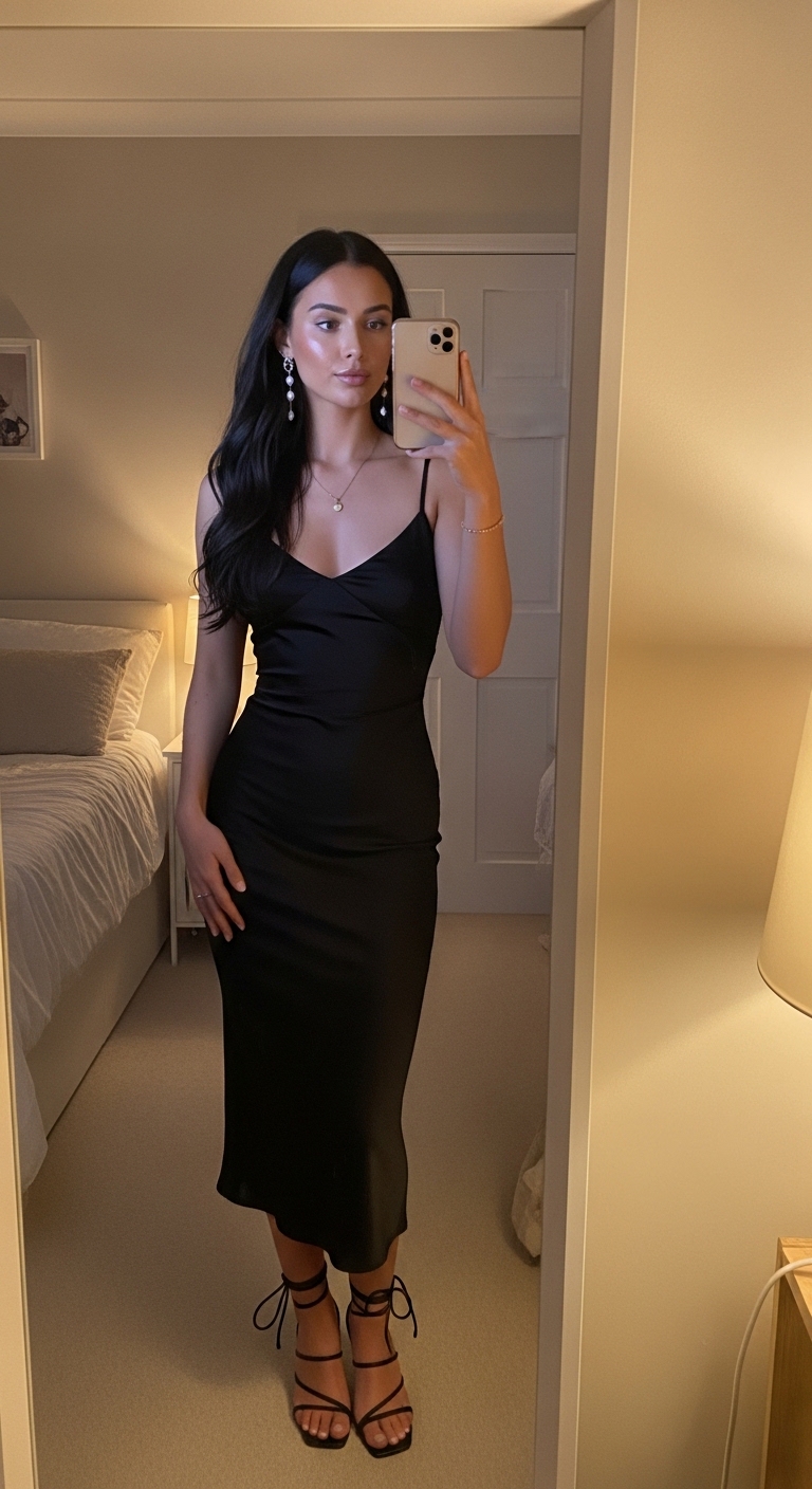 classic black midi slip dress