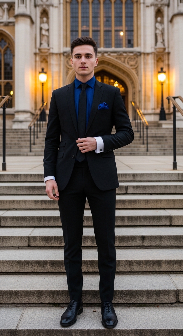 classic black suit royal blue dress shirt black silk tie
