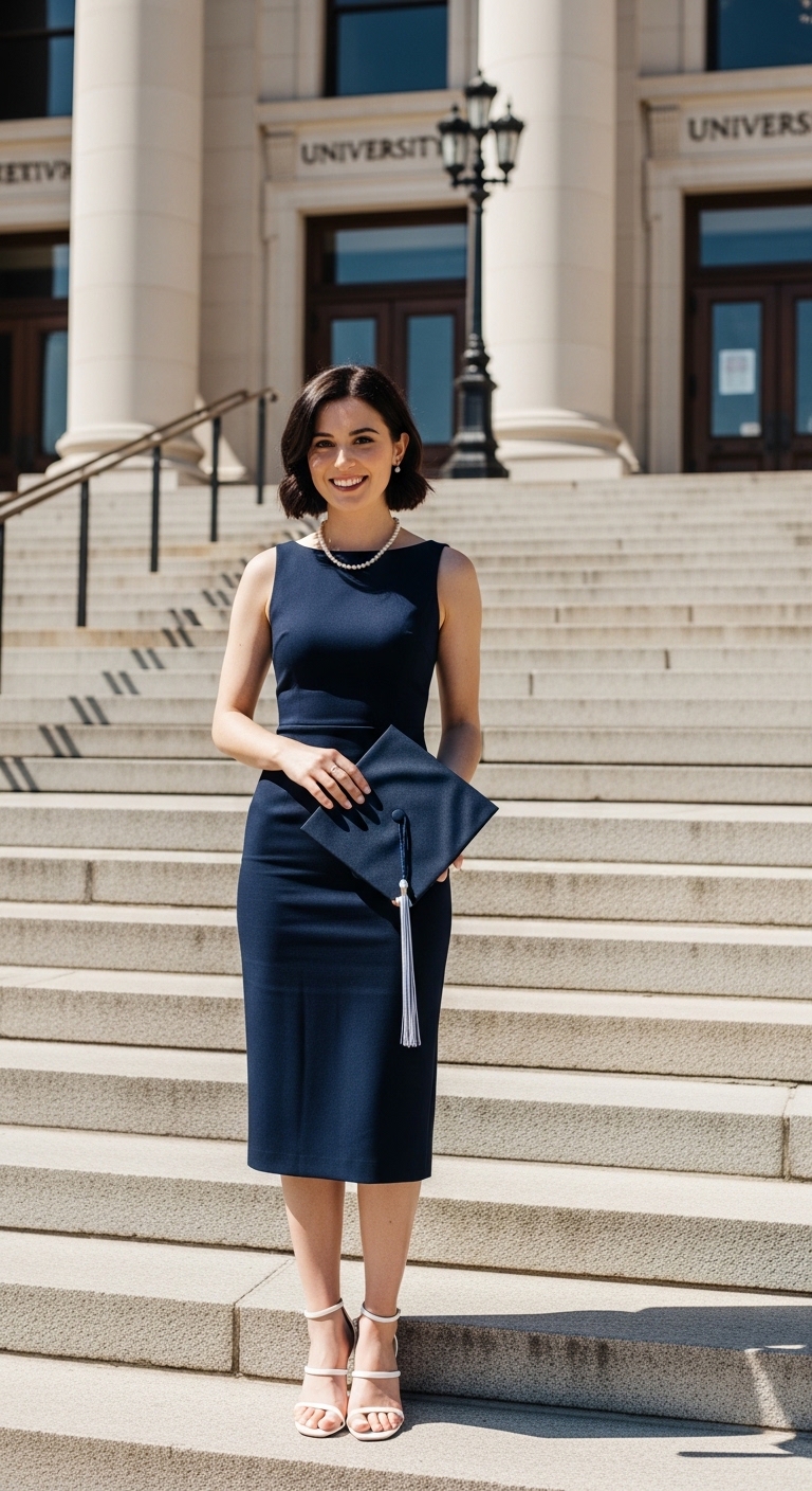 classic navy blue fitted midi dress