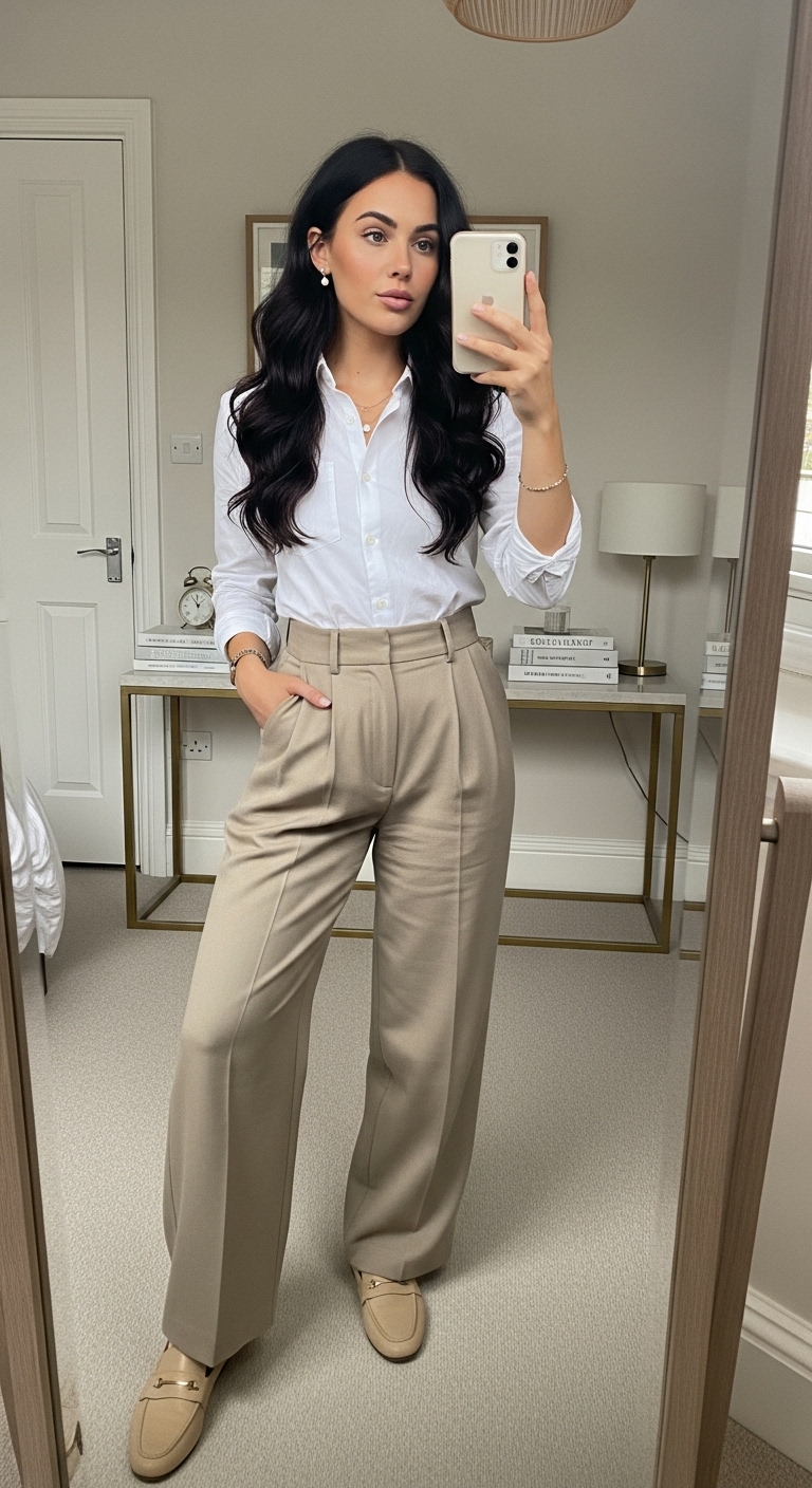 classic white oxford shirt tucked into stone wide leg trousers