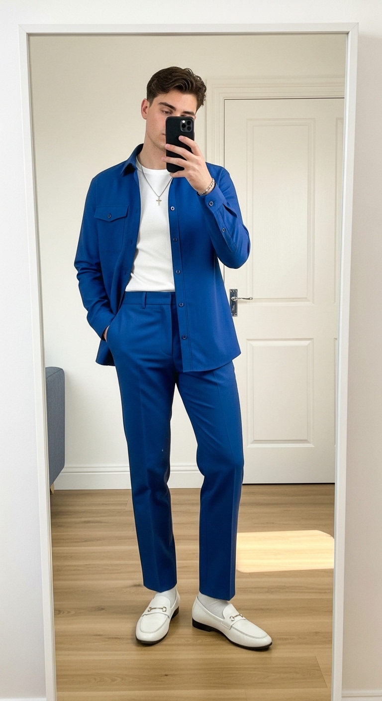 cobalt blue co ord overshirt and straight leg trouser set