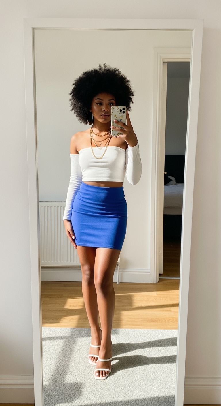 cobalt blue mini skirt with white off shoulder crop top