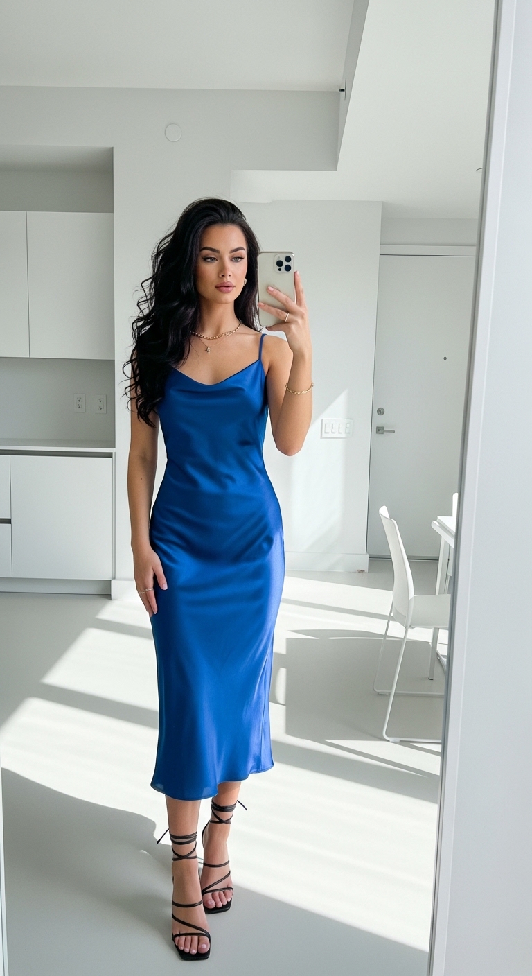 cobalt blue satin midi slip dress