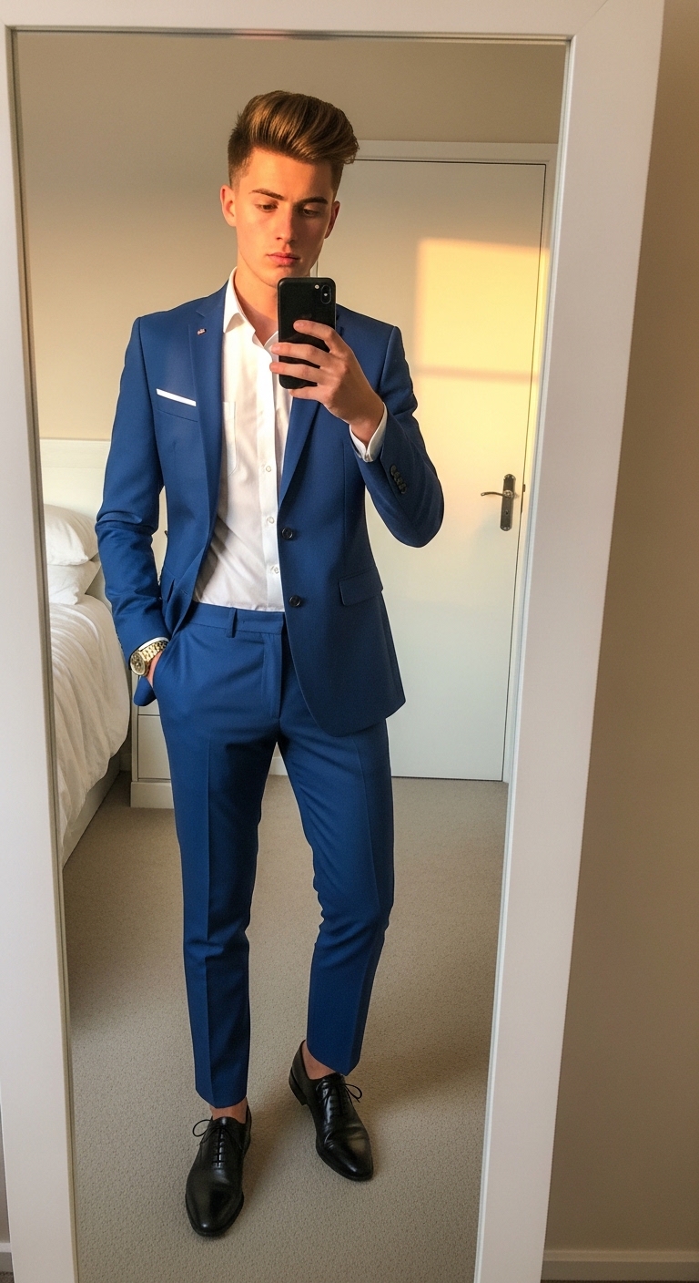 cobalt blue slim fit suit white dress shirt