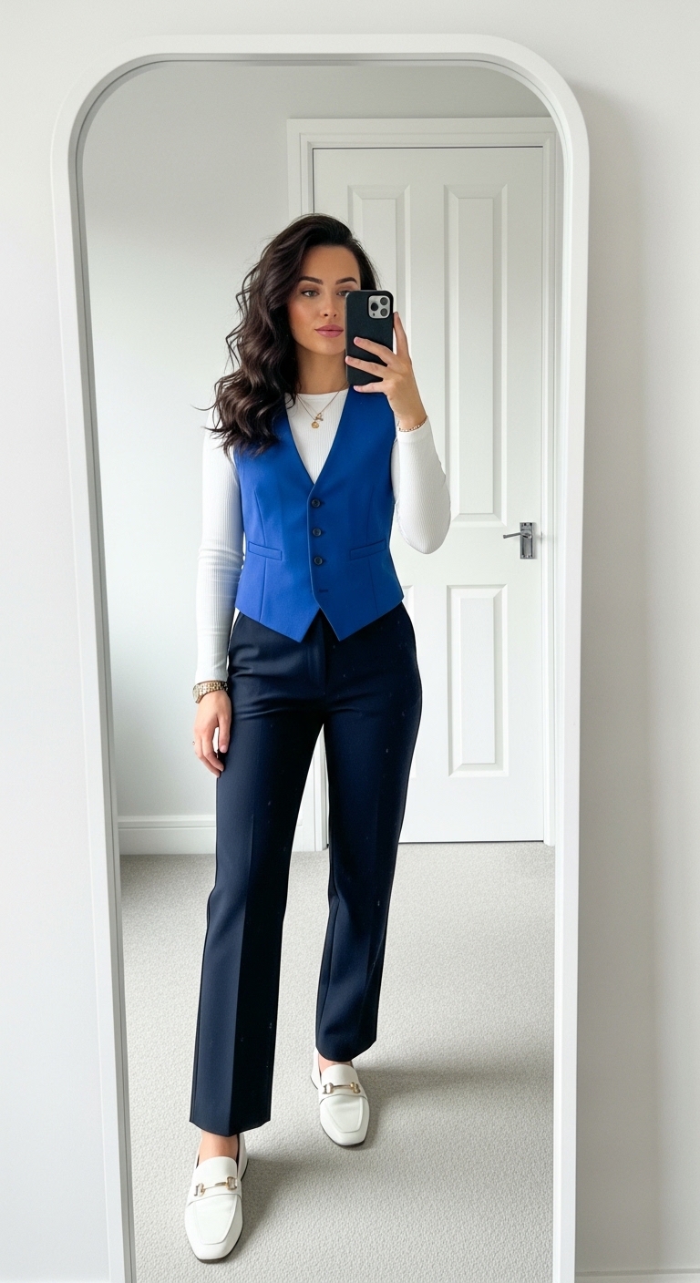 cobalt blue tailored waistcoat over white shirt with navy trousers