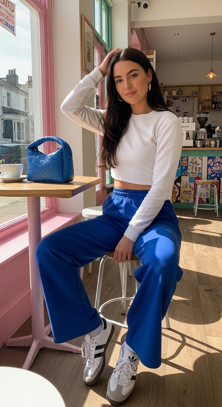 cobalt blue wide leg joggers with white crop sweatshirt