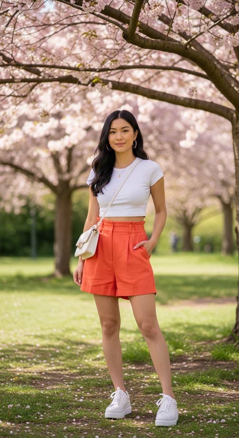 coral orange linen shorts with white crop tee