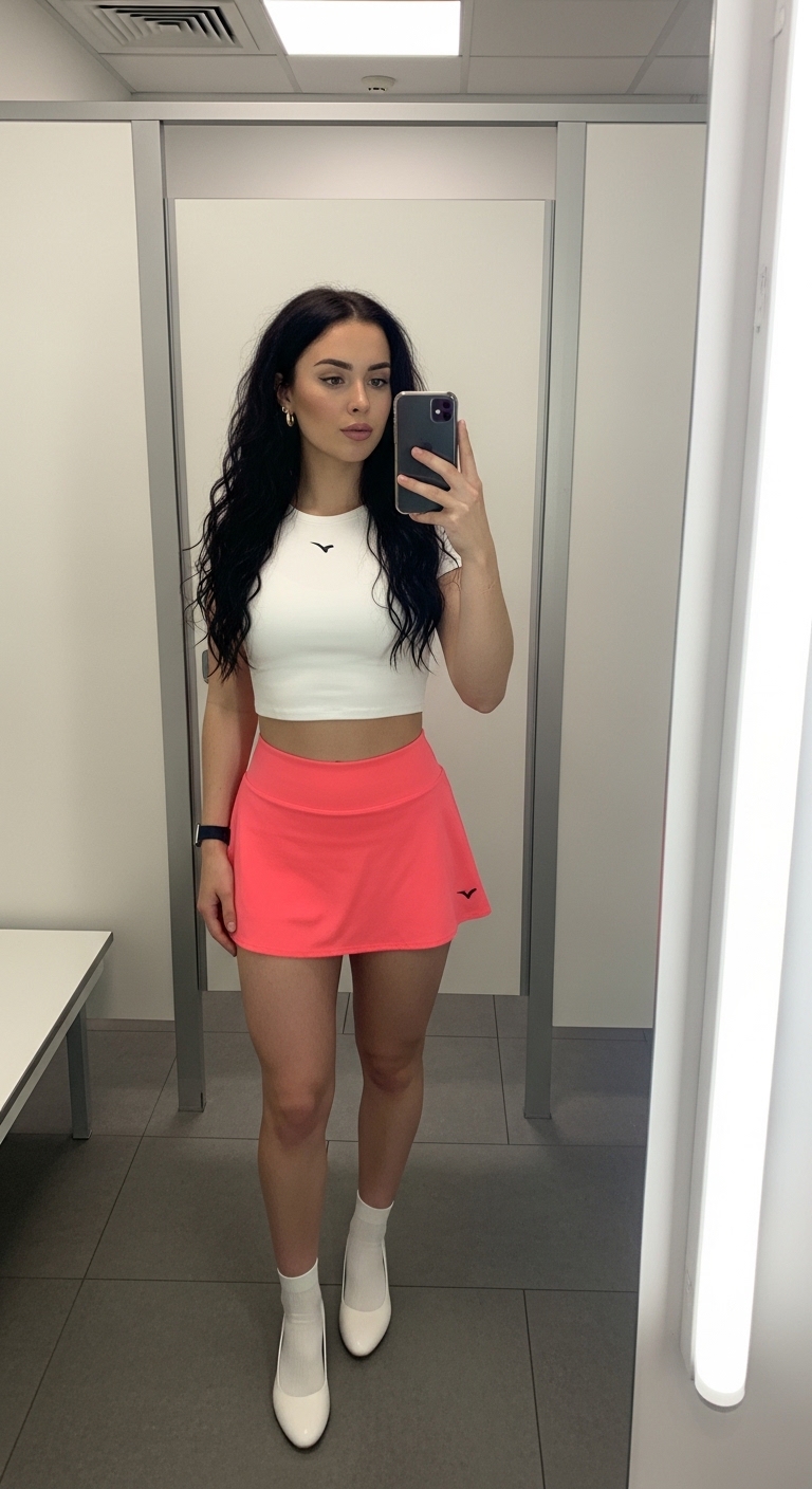 coral pink badminton skort with white crop top