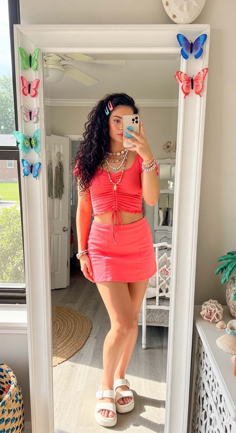 coral pink ruched matching mini skirt set