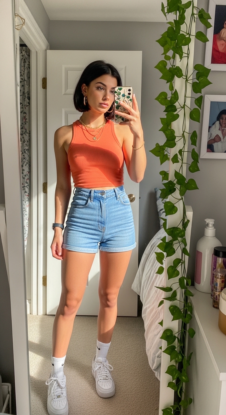 coral tank top with denim cutoff shorts