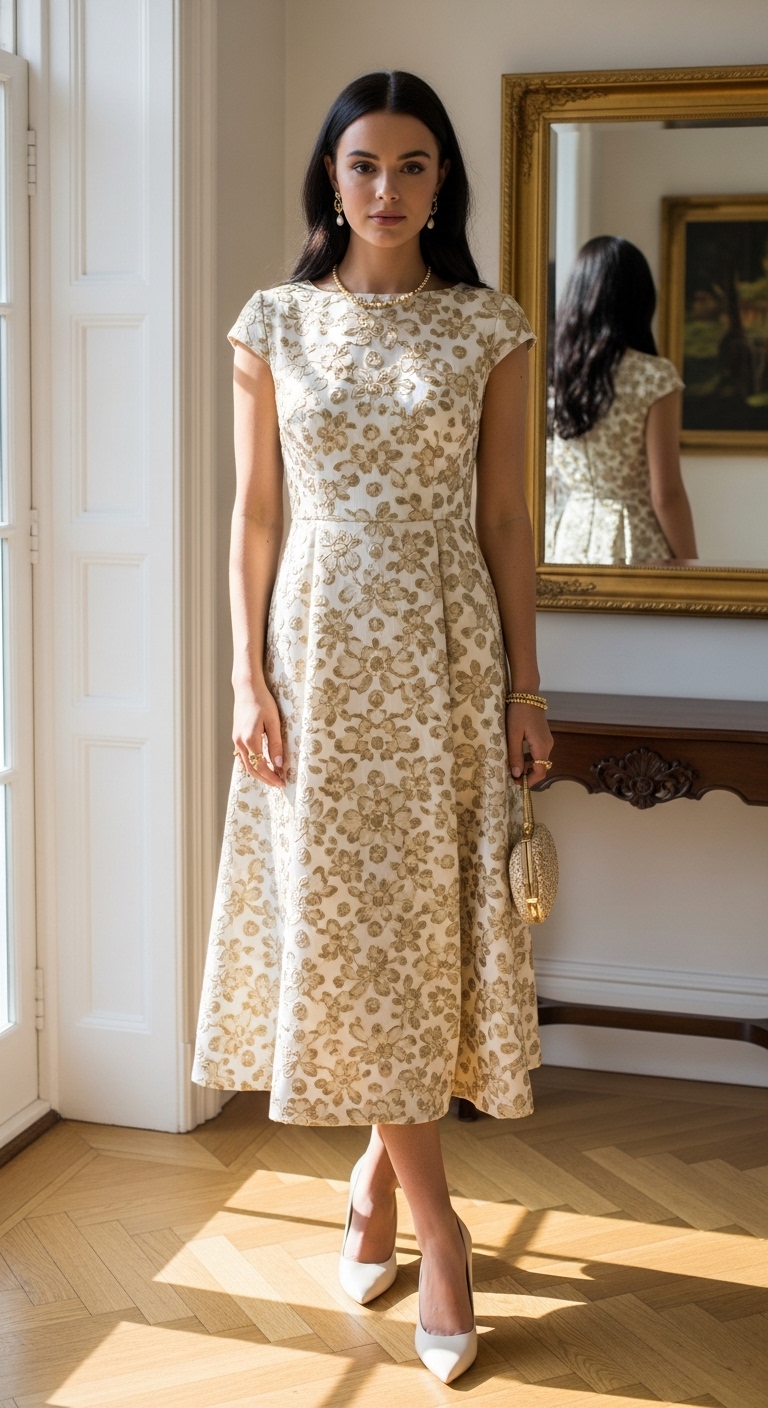 cream and gold jacquard midi dress