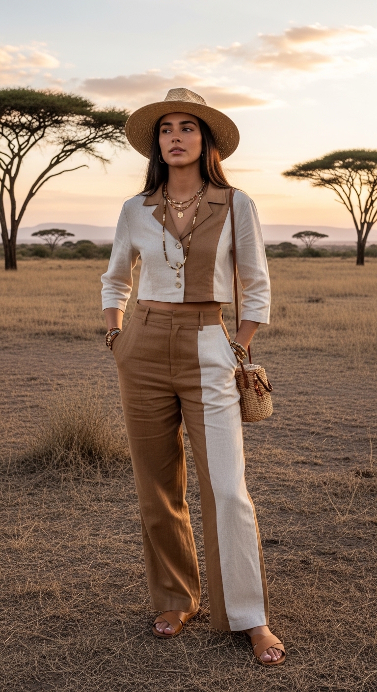 cream and tan linen co ord set on african safari