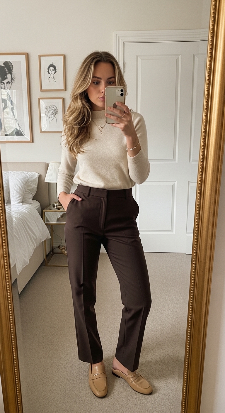 cream cashmere roll neck with dark brown tailored trousers