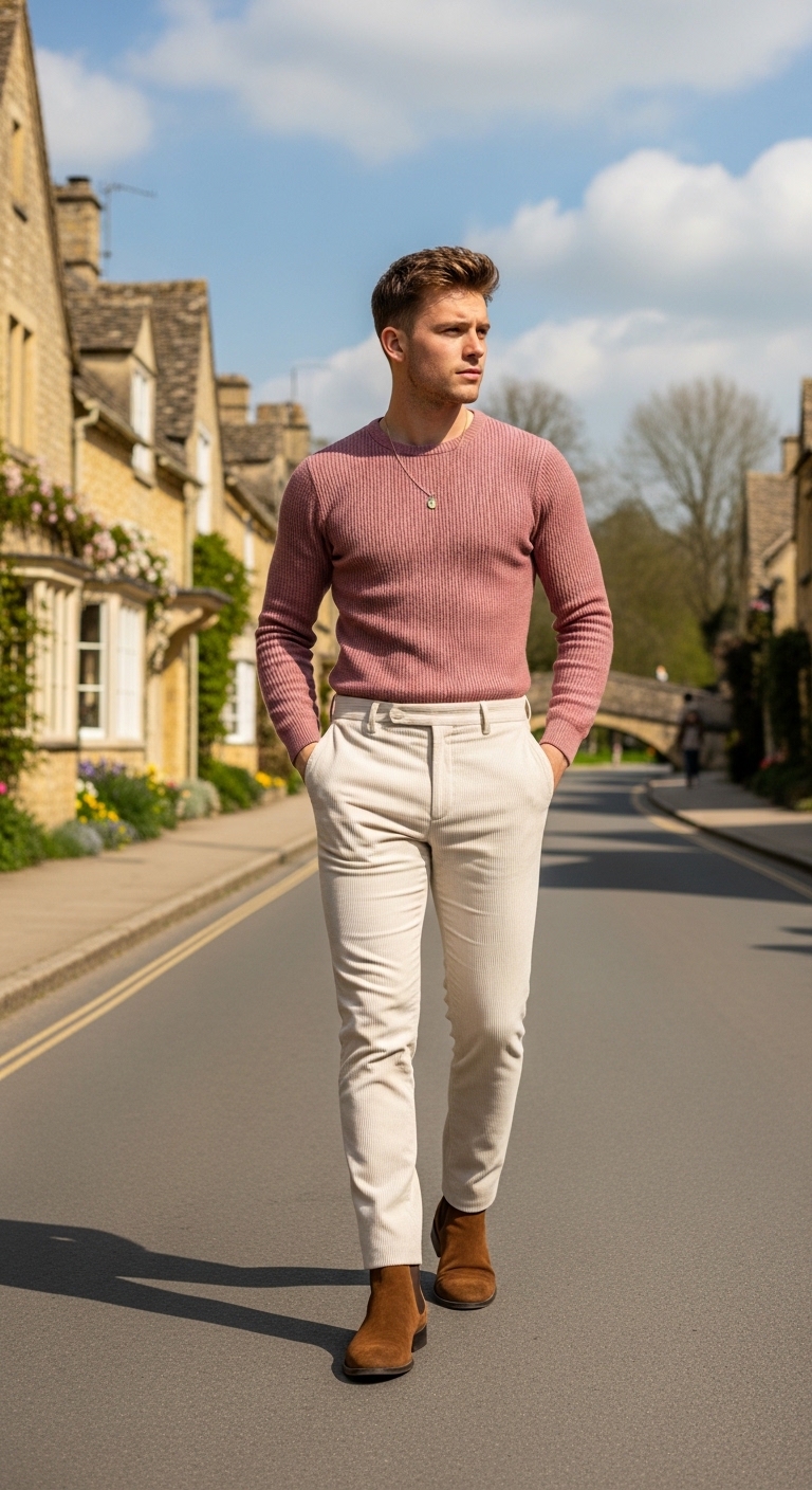 cream corduroy trousers with dusty pink knit jumper and chelsea boots