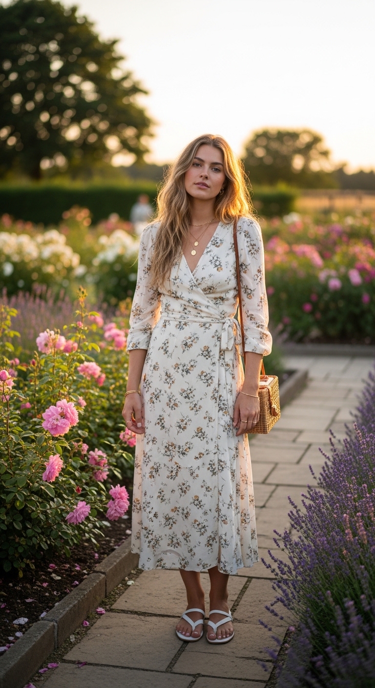 cream floral wrap midi dress